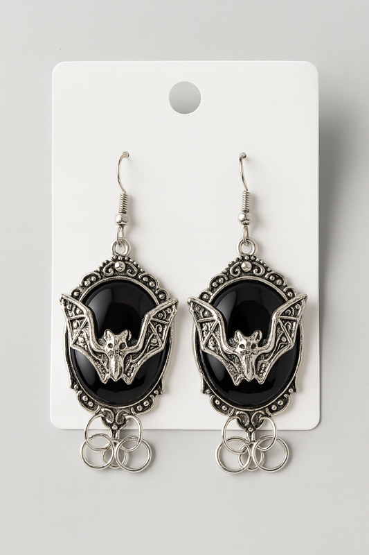 Gothic Bat Cameo Earrings – Silver & Black Statement Dangles