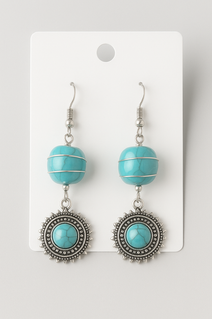 Turquoise Sunburst Boho Earrings – Wire-Wrapped Stone Dangles