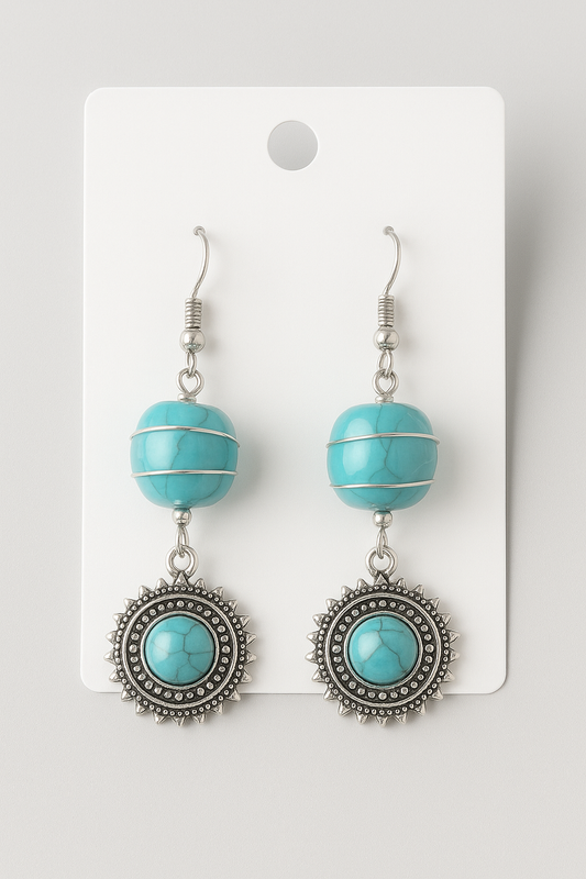 Turquoise Sunburst Boho Earrings – Wire-Wrapped Stone Dangles