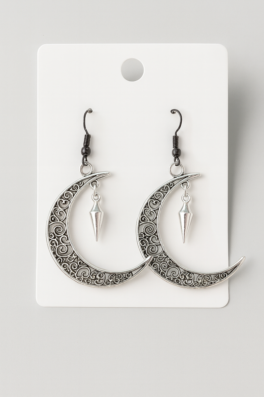 Crescent Moon Filigree Earrings – Silver Celestial Statement Jewelry