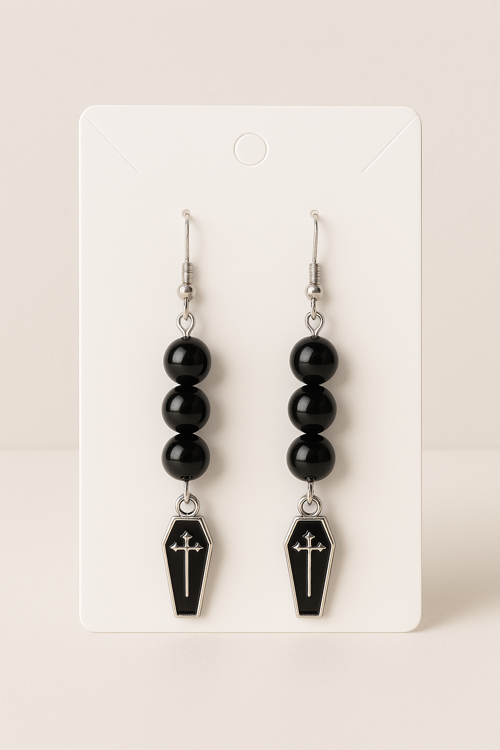 Black Coffin Cross Earrings – Gothic Bead Dangle Jewelry