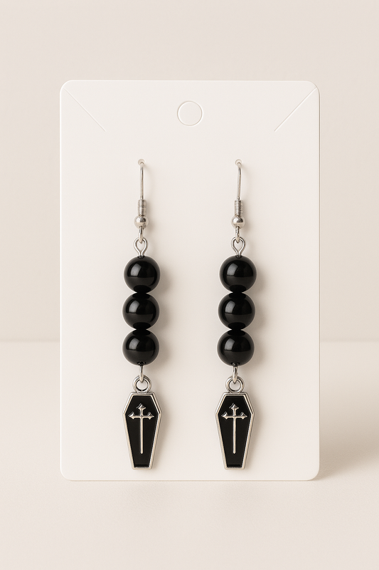 Black Coffin Cross Earrings – Gothic Bead Dangle Jewelry