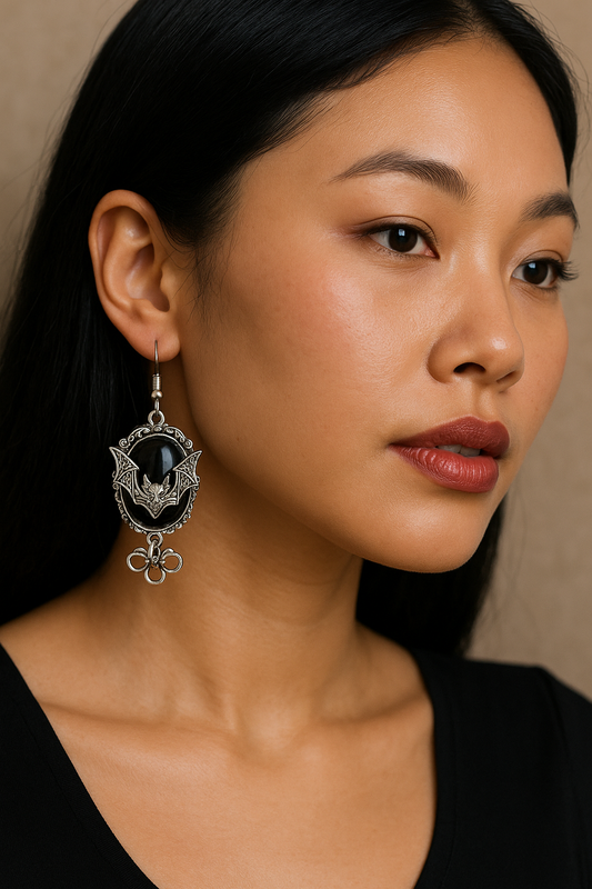 Gothic Bat Cameo Earrings – Silver & Black Statement Dangles