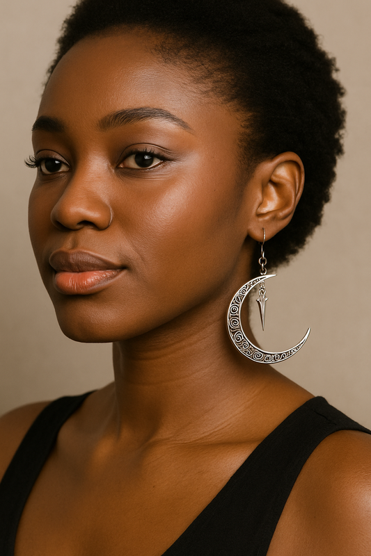 Crescent Moon Filigree Earrings – Silver Celestial Statement Jewelry