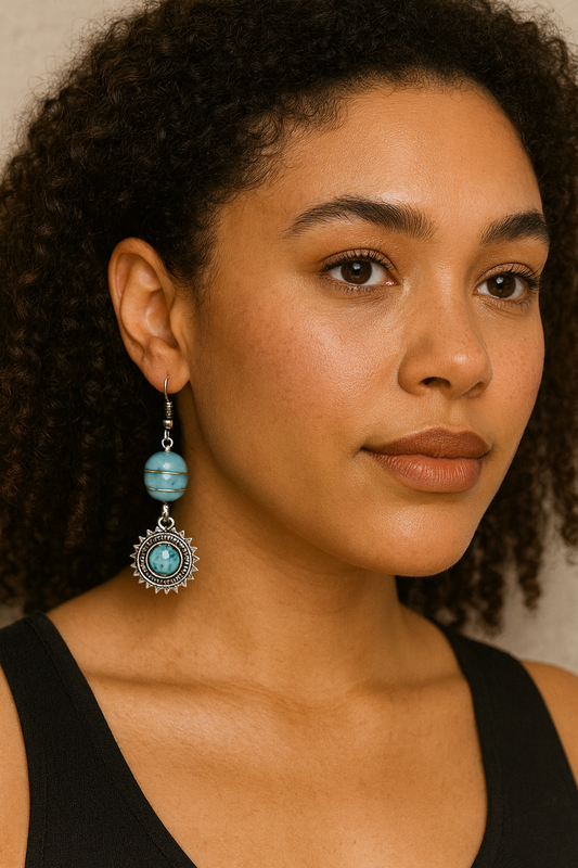 Turquoise Sunburst Boho Earrings – Wire-Wrapped Stone Dangles